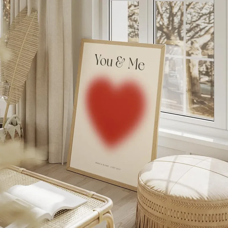 affiche amour avec un grand c ur rouge flou et le texte you me en typographie no salon beige.webp
