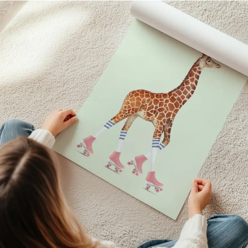 affiche amusante dune girafe sur des rollers roses avec chaussettes rayees blanc en rouleau.webp