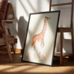 affiche amusante dune girafe sur des rollers roses avec chaussettes rayees blanc encadre.webp
