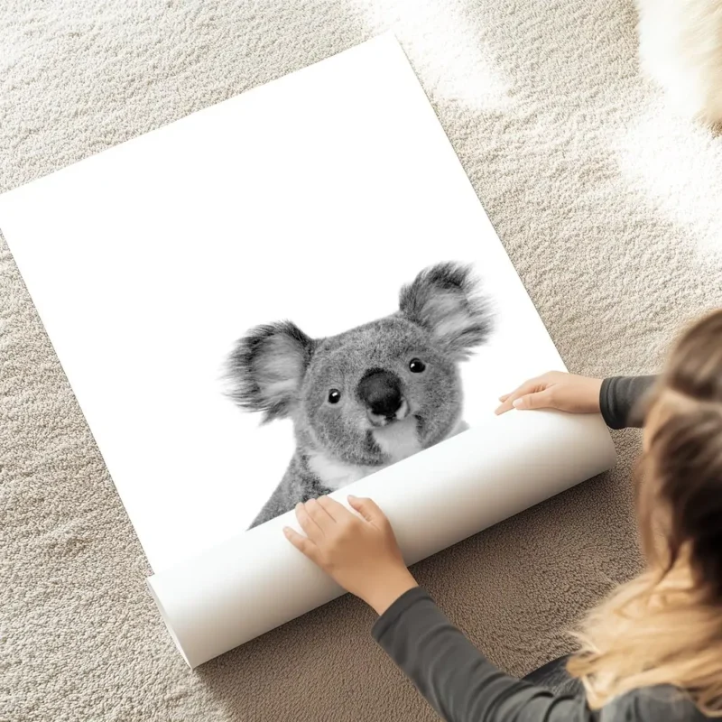 affiche animaliere dun portrait de koala mignon en noir et blanc au sol.webp
