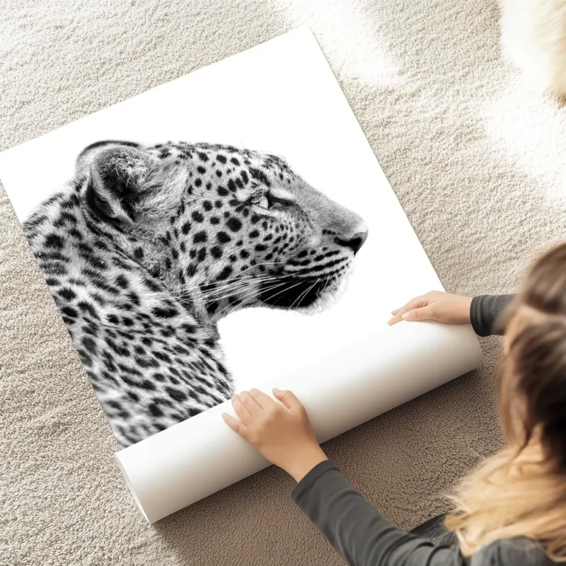 affiche animaliere en noir et blanc dun leopard vu de profil mettant en valeur s au sol.webp