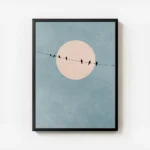 affiche apaisante doiseaux noirs sur un fil electrique devant une pleine lune ro avec cadre.webp