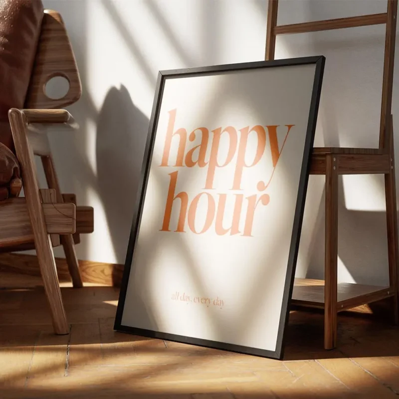 affiche apero de typographie pechue avec texte happy hour en gras et all day eve encadre.webp