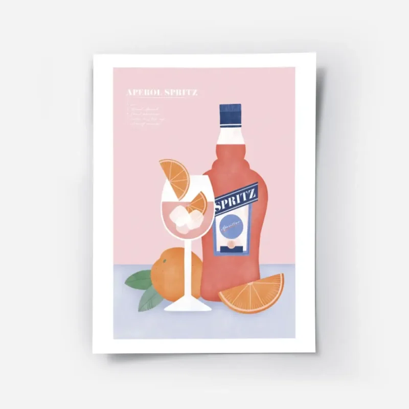 affiche aperol spritz avec bouteille verre et oranges sur fond bleu et rose rece.webp