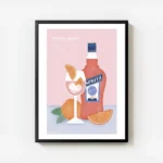 affiche aperol spritz avec bouteille verre et oranges sur fond bleu et rose rece avec cadre.webp