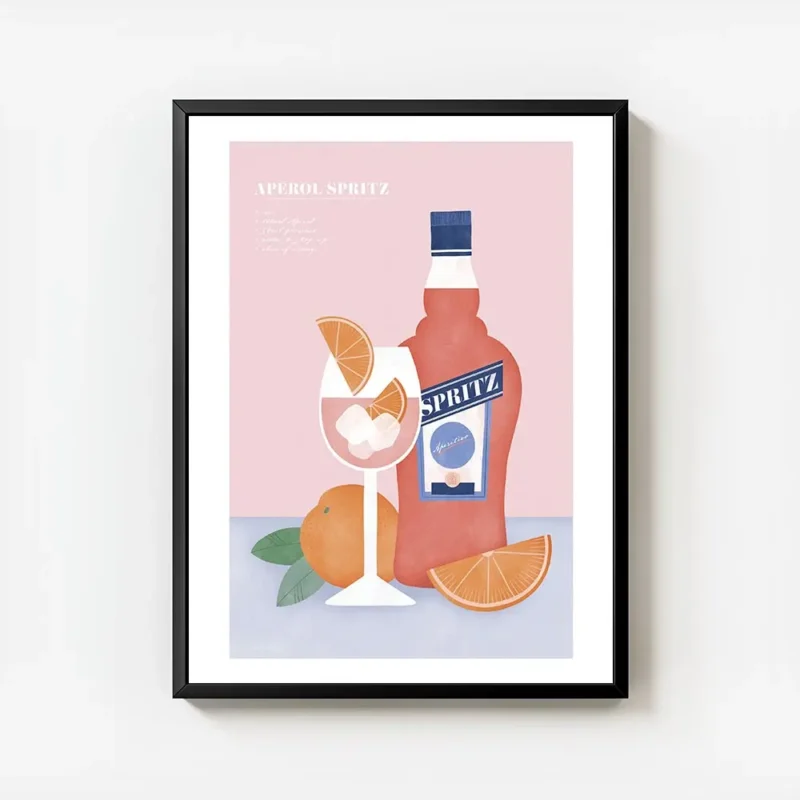 affiche aperol spritz avec bouteille verre et oranges sur fond bleu et rose rece avec cadre.webp