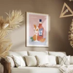 affiche aperol spritz avec bouteille verre et oranges sur fond bleu et rose rece salon.webp