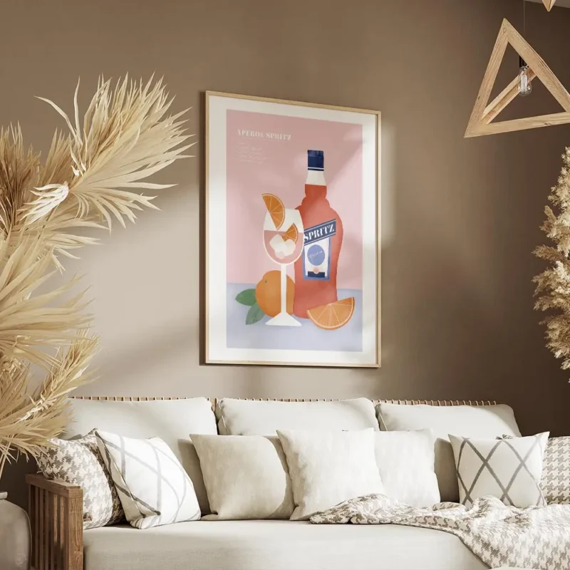 affiche aperol spritz avec bouteille verre et oranges sur fond bleu et rose rece salon.webp