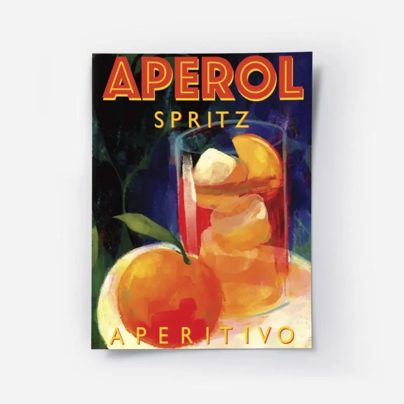 affiche aperol spritz de marco marella typographie orange sur fond bleu verre de.webp