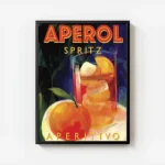 affiche aperol spritz de marco marella typographie orange sur fond bleu verre de avec cadre.webp