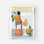 affiche aperol spritz illustree avec bouteille verre et oranges sur fond bleu ty.webp