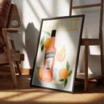 affiche aperol spritz illustree avec bouteille verre et oranges sur fond bleu ty encadre.webp