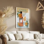 affiche aperol spritz illustree avec bouteille verre et oranges sur fond bleu ty salon.webp