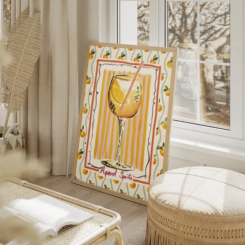 affiche aperol spritz motif abstrait et ludique a la peinture a la main salon beige.webp