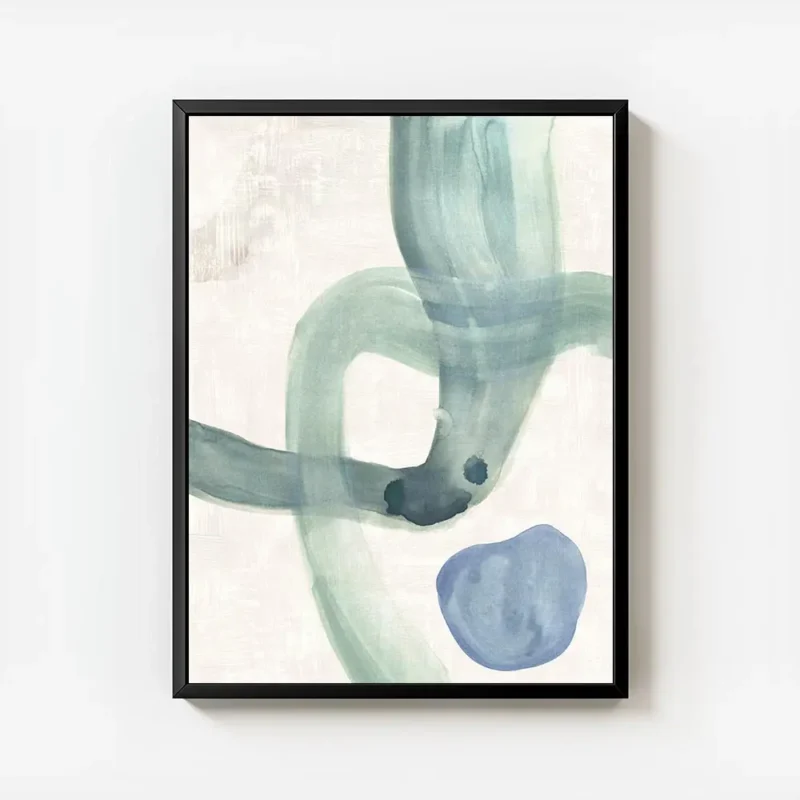 affiche aquarelle abstraite formes fluides et courbes turquoise sur fond clair a avec cadre.webp