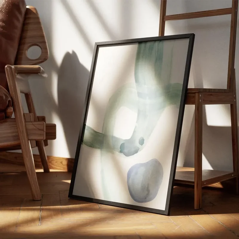 affiche aquarelle abstraite formes fluides et courbes turquoise sur fond clair a encadre.webp
