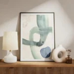 affiche aquarelle abstraite formes fluides et courbes turquoise sur fond clair a meuble.webp