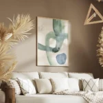 affiche aquarelle abstraite formes fluides et courbes turquoise sur fond clair a salon.webp