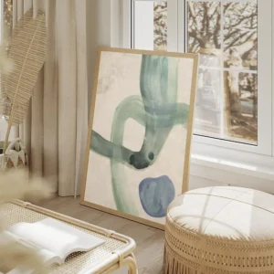 affiche aquarelle abstraite formes fluides et courbes turquoise sur fond clair a salon beige.webp