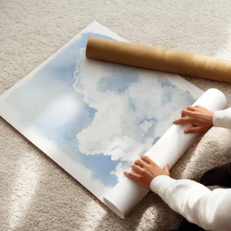affiche aquarelle avec un nuage blanc moelleux sur un ciel bleu texture peinte a enroule.webp