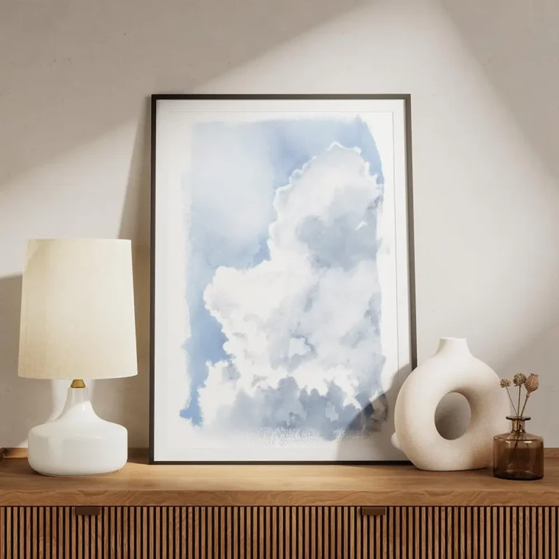 affiche aquarelle avec un nuage blanc moelleux sur un ciel bleu texture peinte a meuble.webp