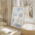 affiche aquarelle avec un nuage blanc moelleux sur un ciel bleu texture peinte a salon beige.webp