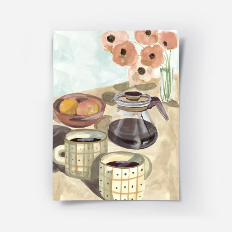 affiche aquarelle de deux tasses de cafe une cafetiere des peches et des fleurs .webp