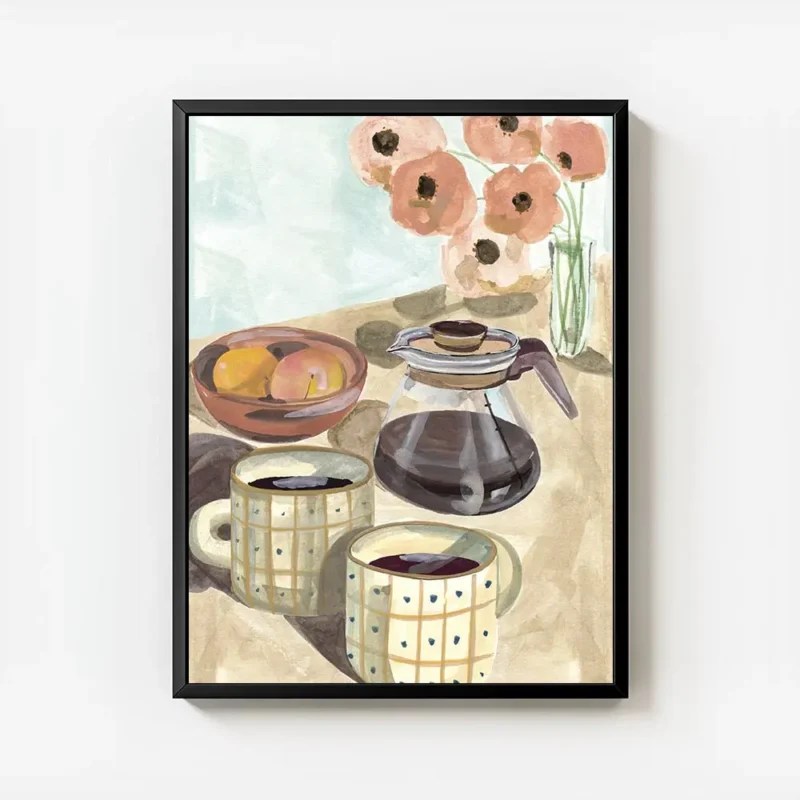 affiche aquarelle de deux tasses de cafe une cafetiere des peches et des fleurs avec cadre.webp