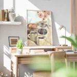 affiche aquarelle de deux tasses de cafe une cafetiere des peches et des fleurs bureau.webp