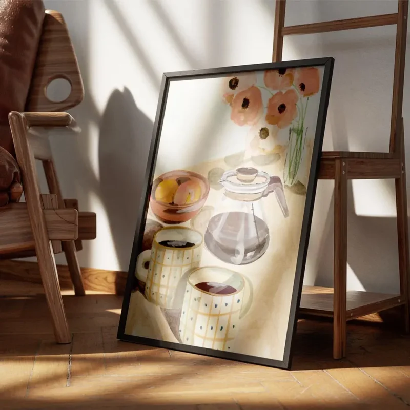 affiche aquarelle de deux tasses de cafe une cafetiere des peches et des fleurs encadre.webp