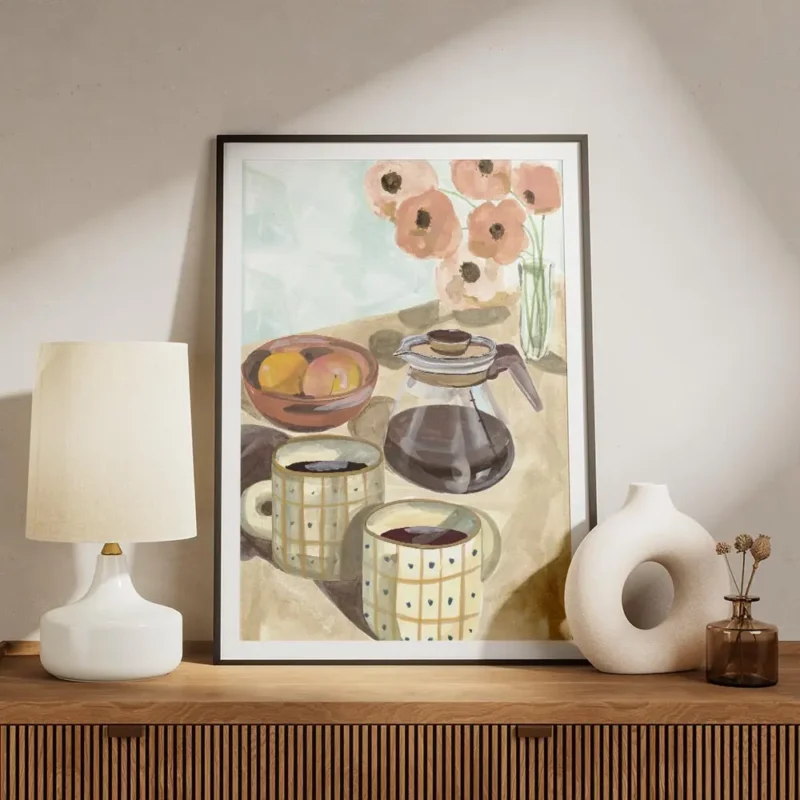 affiche aquarelle de deux tasses de cafe une cafetiere des peches et des fleurs meuble.webp