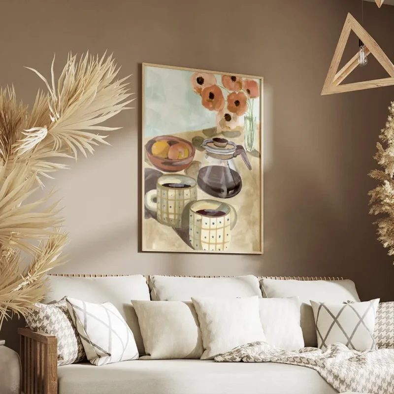 affiche aquarelle de deux tasses de cafe une cafetiere des peches et des fleurs salon.webp