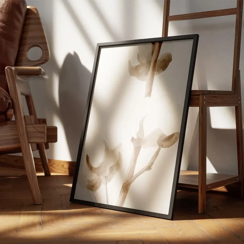 affiche aquarelle de fleurs de coton aux couleurs douces blanche et beige sur un encadre.webp