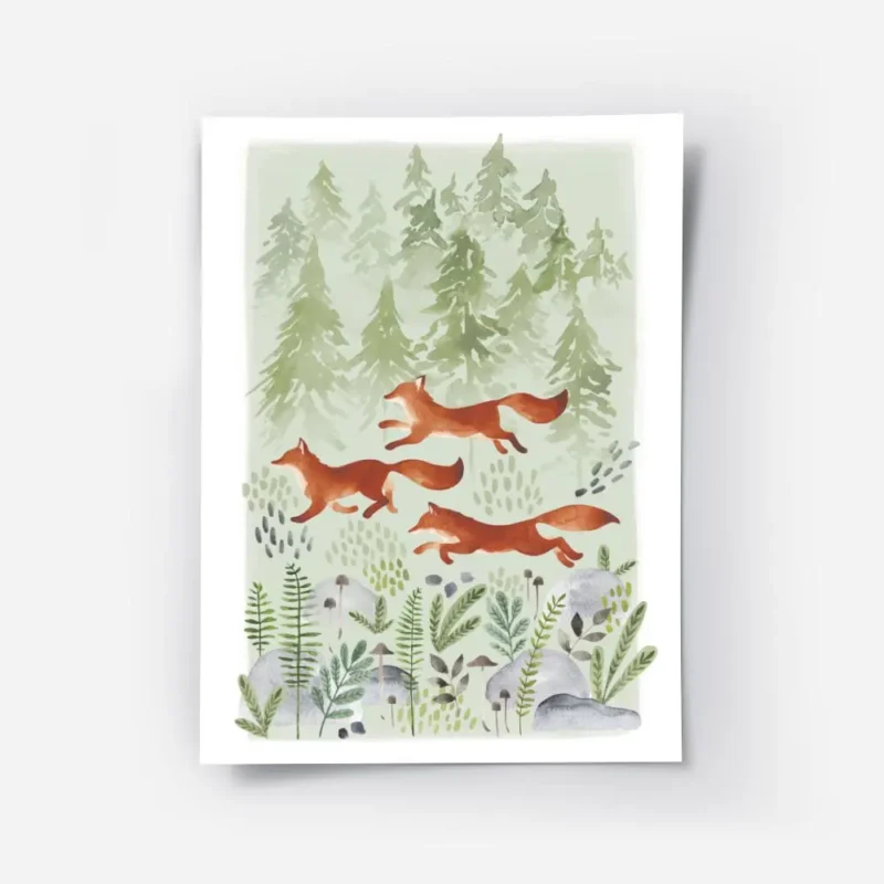 affiche aquarelle de trois renards roux courant dans une foret verte avec arbres.webp