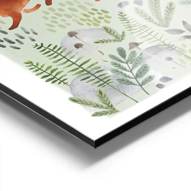 affiche aquarelle de trois renards roux courant dans une foret verte avec arbres aluminium.webp