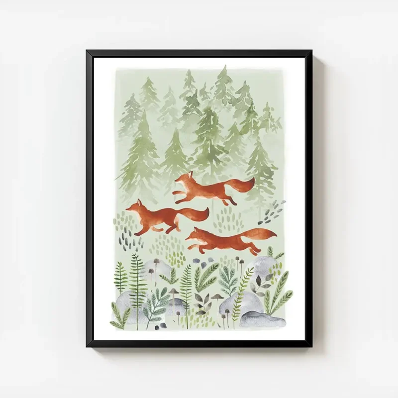 affiche aquarelle de trois renards roux courant dans une foret verte avec arbres avec cadre.webp