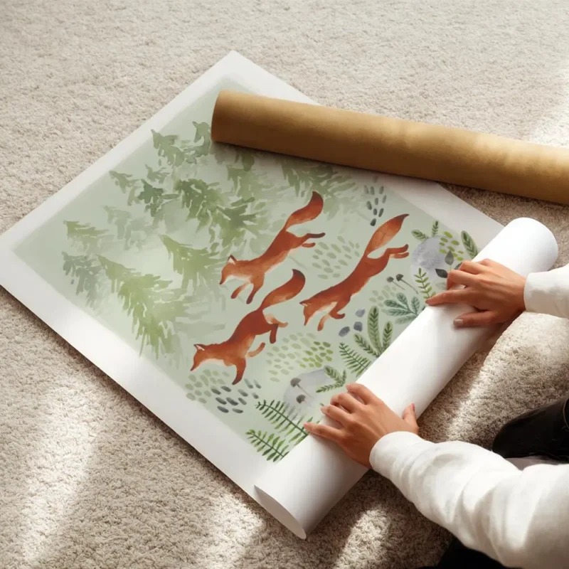 affiche aquarelle de trois renards roux courant dans une foret verte avec arbres enroule.webp