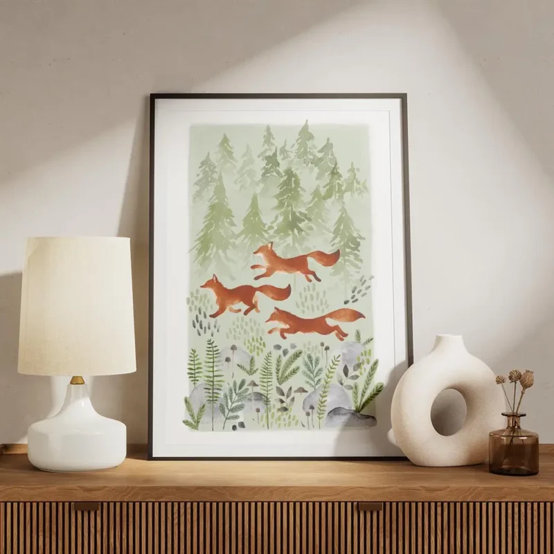 affiche aquarelle de trois renards roux courant dans une foret verte avec arbres meuble.webp