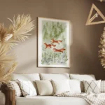 affiche aquarelle de trois renards roux courant dans une foret verte avec arbres salon.webp