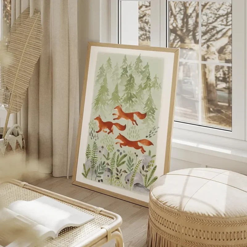 affiche aquarelle de trois renards roux courant dans une foret verte avec arbres salon beige.webp
