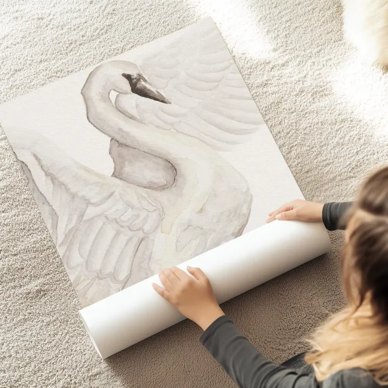 affiche aquarelle dun cygne blanc delicat avec ses ailes deployees couleurs douc au sol.webp