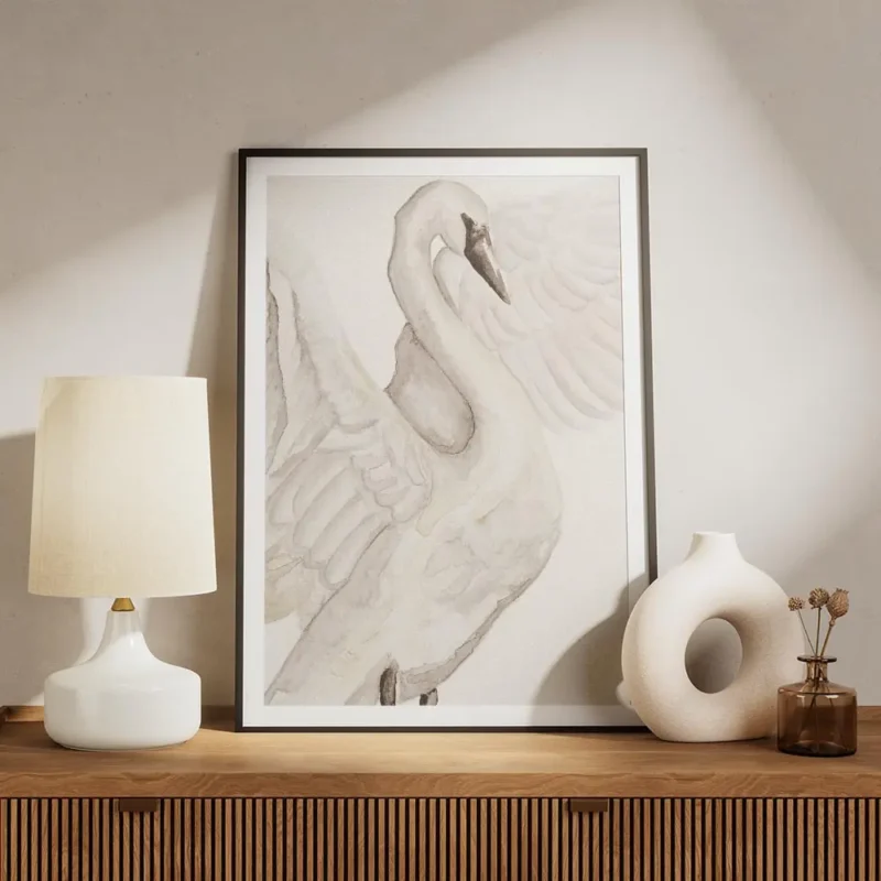 affiche aquarelle dun cygne blanc delicat avec ses ailes deployees couleurs douc meuble.webp