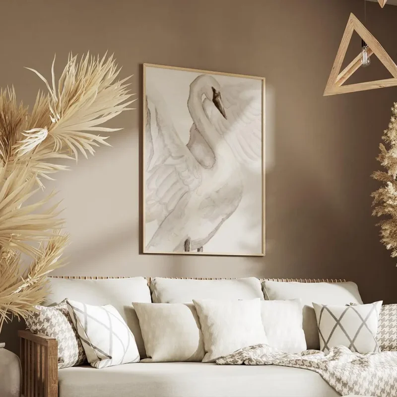 affiche aquarelle dun cygne blanc delicat avec ses ailes deployees couleurs douc salon.webp