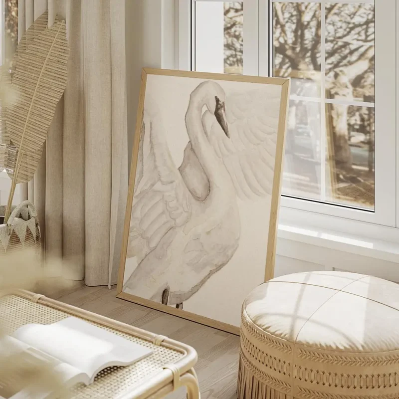 affiche aquarelle dun cygne blanc delicat avec ses ailes deployees couleurs douc salon beige.webp