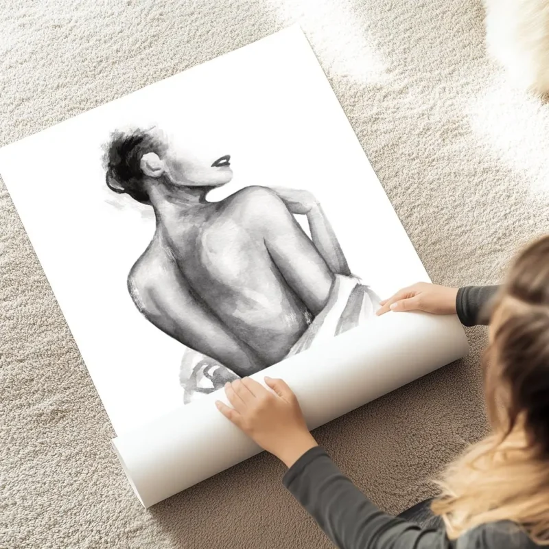 affiche aquarelle monochrome du dos dune femme nue avec une chemise blanche noue au sol.webp