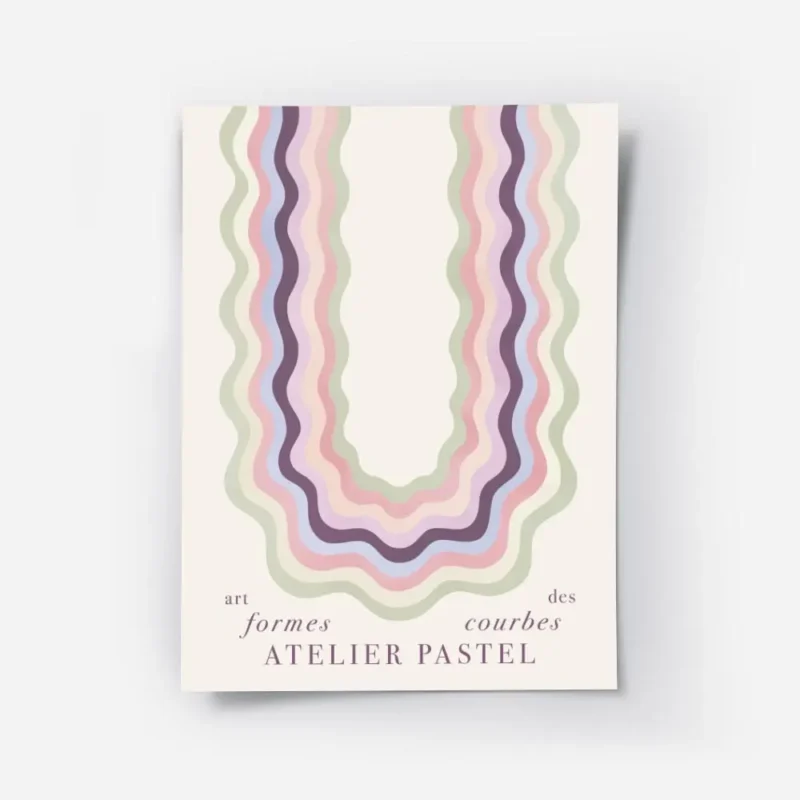 affiche art abstrait colore formes ondulees pastel sur fond clair avec texte.webp