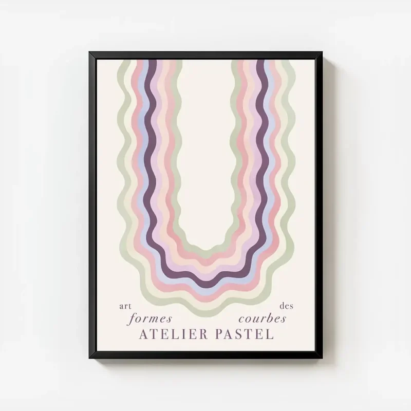affiche art abstrait colore formes ondulees pastel sur fond clair avec texte avec cadre.webp