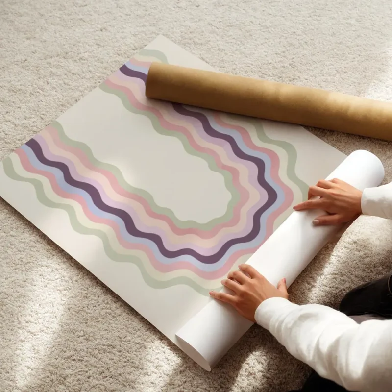 affiche art abstrait colore formes ondulees pastel sur fond clair avec texte enroule.webp