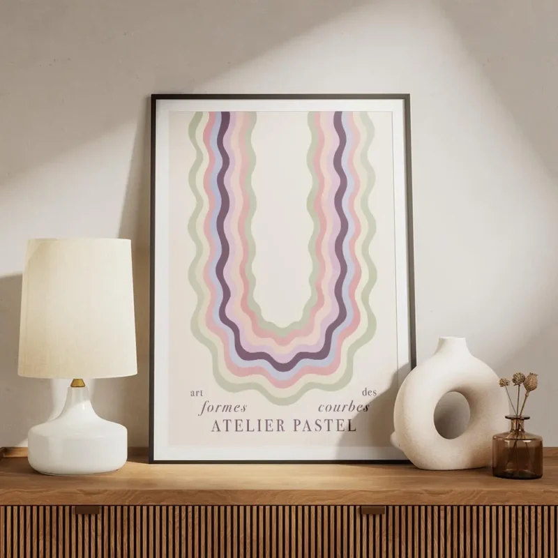 affiche art abstrait colore formes ondulees pastel sur fond clair avec texte meuble.webp