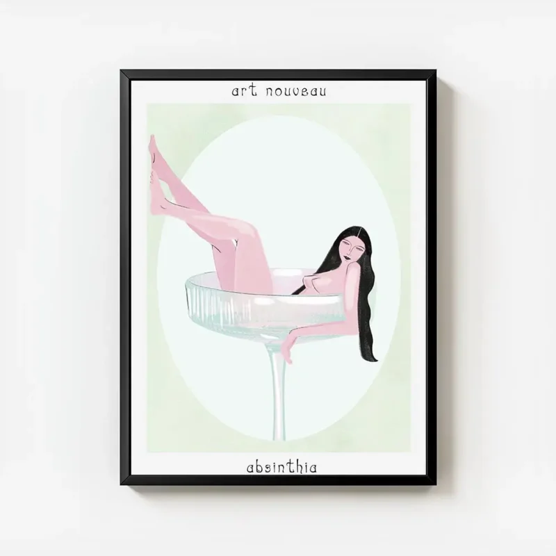 affiche art nouveau dune femme a la peau rose aux cheveux noirs dans un verre a avec cadre.webp